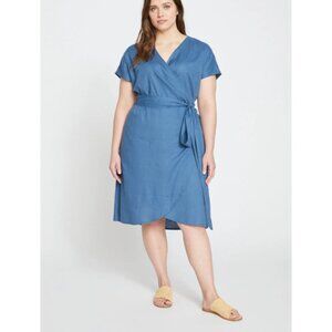 Universal Standard Tulip Hem Linen Wrap Dress Short Sleeve Sz 4XL Blue Womens
